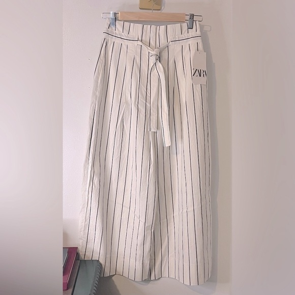 NWT Zara Cotton Blend Striped Casual Wide Leg Coastal Paper Bag Pants Sz XS - Picture 1 of 8